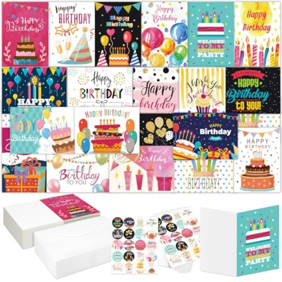 

200 Set Unique Happy Birthday Card Bulk with Envelope and Sticker Blank Greeting Card Large 5 x 7 Inch Suitable for Office Wome
