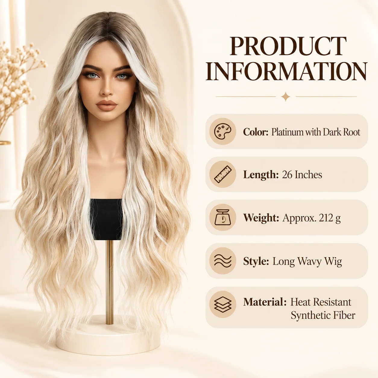 26 Inch Long Wavy Wig Platinum Blonde with Dark Root, Heat-Resistant Synthetic Fiber Hair, Approx 212g Soft Wave Texture Natural Looking Full & Flowing for Halloween Party Cosplay Costume