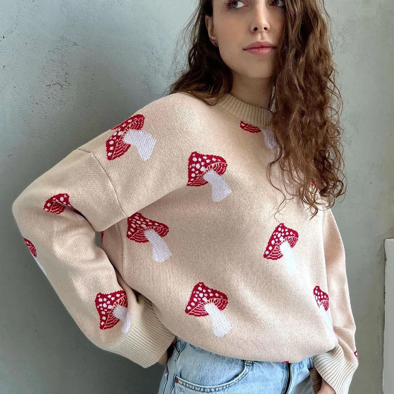 Fashion New Mushroom Printed Sweater Women\'s Autumn Winter Loose Color Contrast Pullover Jacquard Knitted Casual Top Lady Jumper