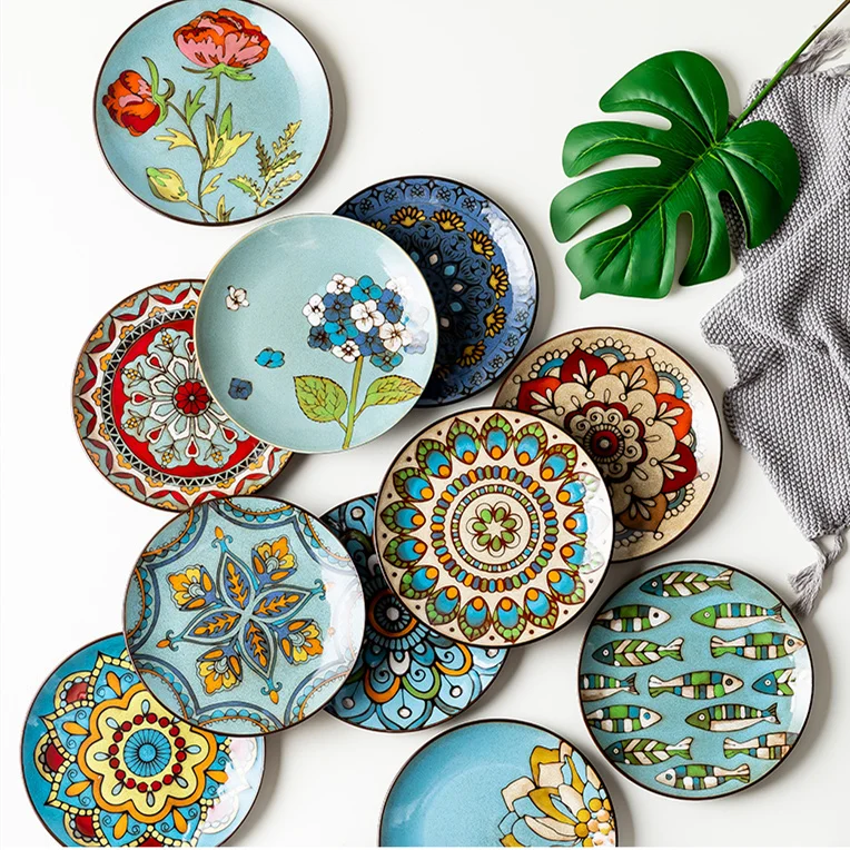 Creative ceramic dishes dishes domestic tableware steak dishes round flat western dishes hand-painted European