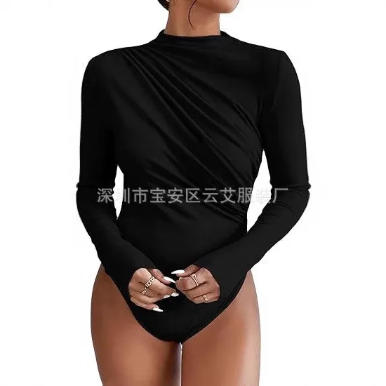 Hot Lingerie Jumpsuit Draped Front Romper Women's Body Lingerie Long Sleeve Bodysuit Minimalist Monochrome Solid Color view 5