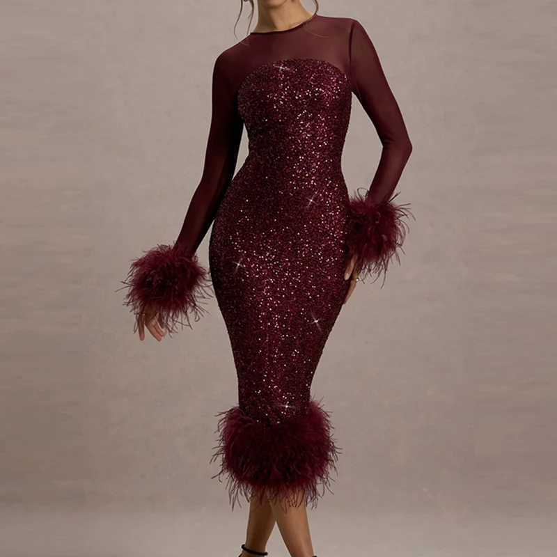 Casual O Neck Mesh Long Sleeve Party Dress 2024 Feather Patchwork Slim A-line Dress Elegant Sequin Backless Wrap Hip Women Dress