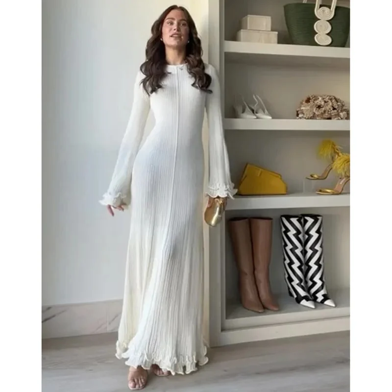 

Elegant Flared Long Sleeve Round Neck Fishtail Maxi Dress Women Back Lace Up Backless Slim Dress Summer Vacation Lady Streetwear