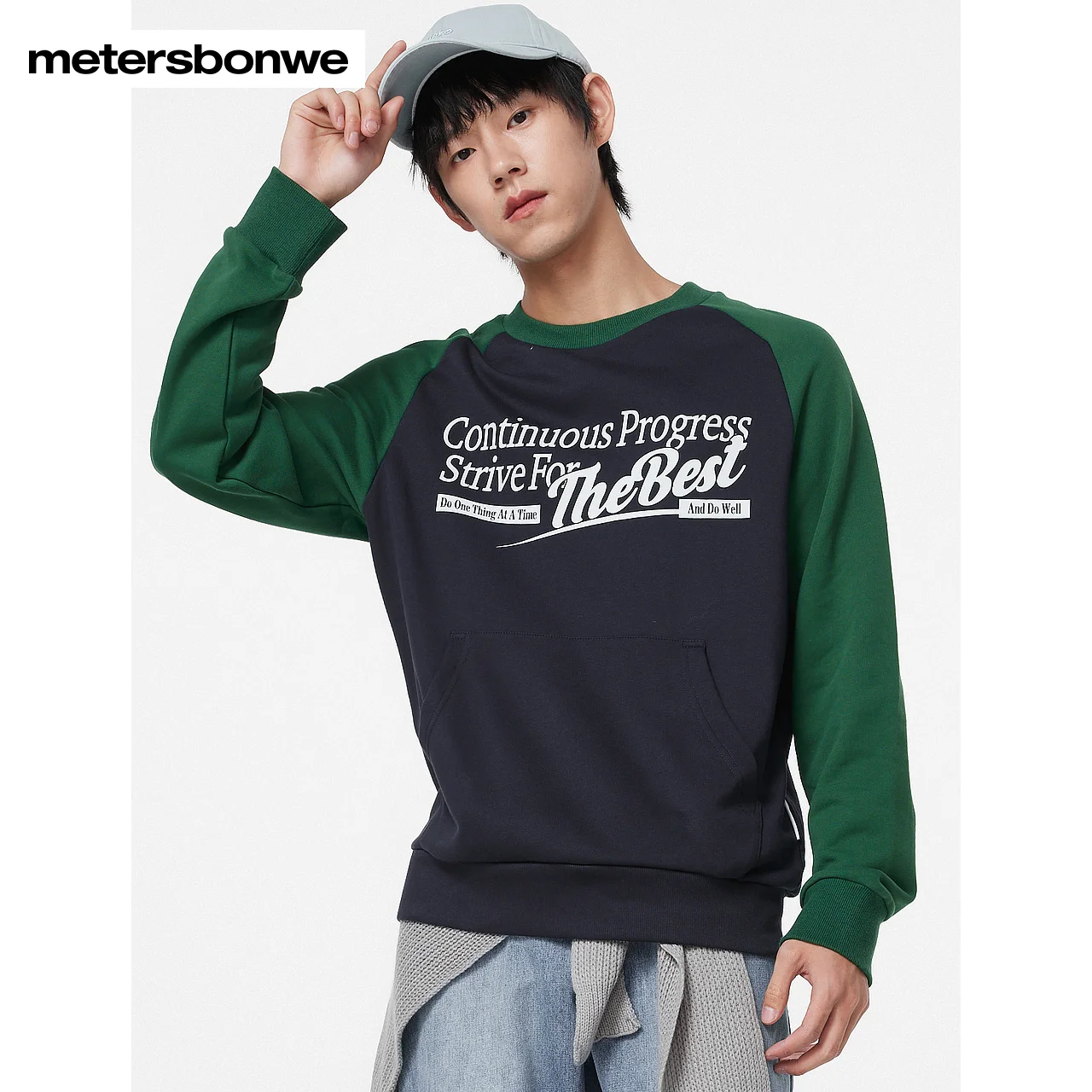 Metersbonwe-Men's Color Clash Raglan Sleeve Pullover Letter Print Crewneck Sweatshirt Campus Pretty Style Autumn Winter