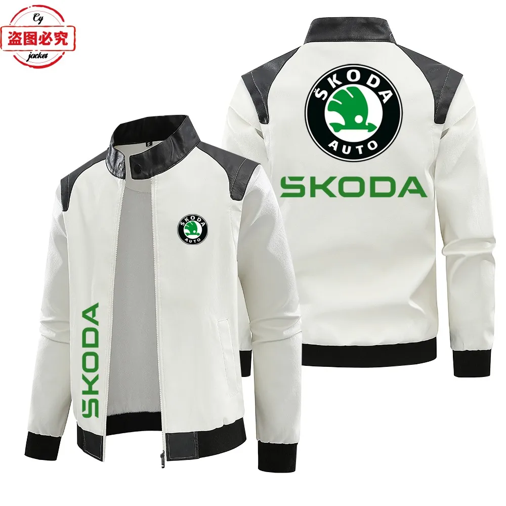 WRC Rally Skoda racing logo men's jacket pu leather jacket Skoda logo contrasting color leather jacket