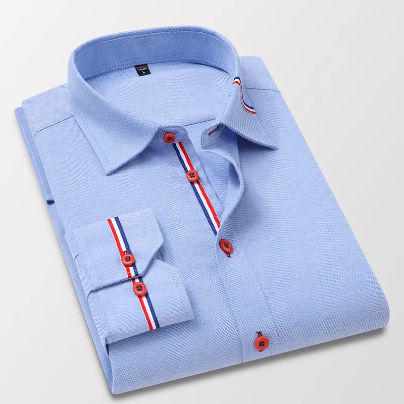 Kwaliteit Mannen Lange Mouw Oxford Gestreepte Casual Shirt Front Patch Regular-Fit Button Down Kraag Dikke Werk Shirts