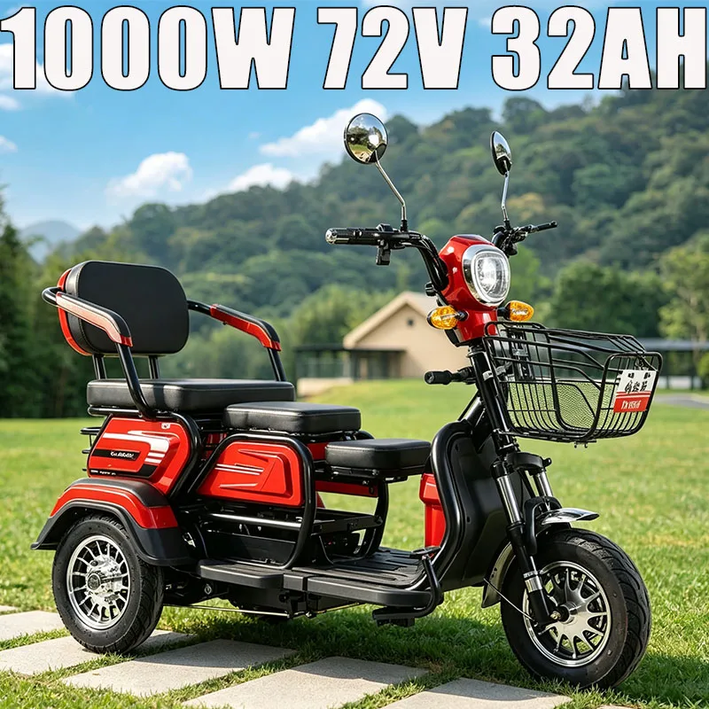 New 72V32Ah1000W Adult 3 Wheel Electric Scooter Household 3-Seater E-Tricycle for Senior Daily Travel & Children Shuttle Trip