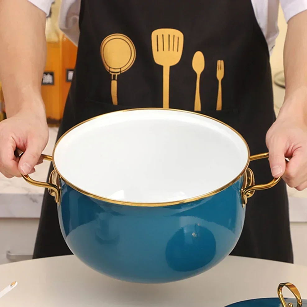 Turkey Enamel Pot With 2-Ears Fat Porcelain Enameled Soup Pot For Stew Soup Boiled Noodles Blue Green Gold Edge Stewed Pot