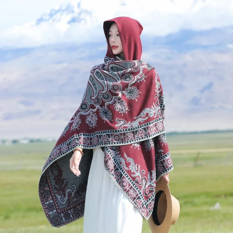 

Boho Hooded Cape Scarf - Women's Winter Poncho, Windproof Thermal Shawl, Stylish Cold Weather Wrap