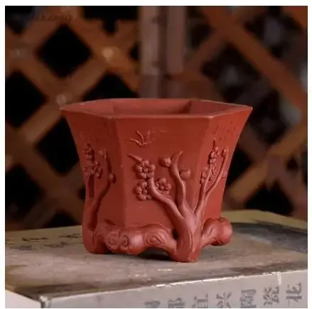 Chinese Yixing Purple Clay Flower Pot Bonsai Handmade Flower Carving Succulent Home Desktop Decoration Flower