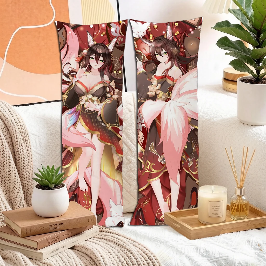 Anime Black Long Hair Red Eyes Fox Ears Qipao Lady Dakimakura Cover Long Pillowcase Double Sided Peach Skin 2way