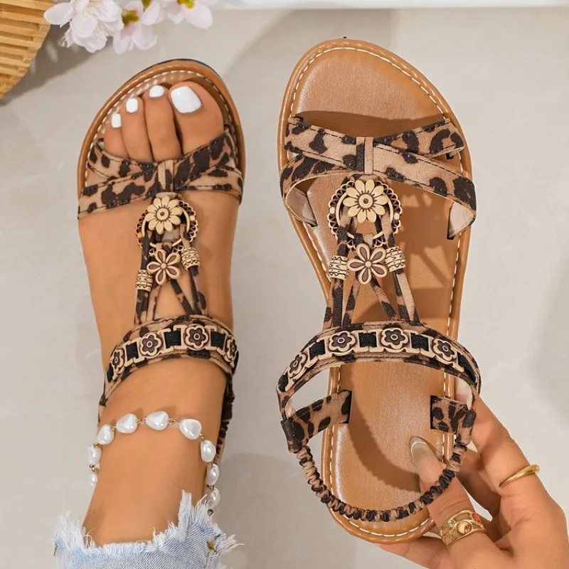 Women's Flat Sandals Open Toe Animal Print T Strap Elastic Slingback Floral Applique Casual Summer Beach Vacation Walking Shoes