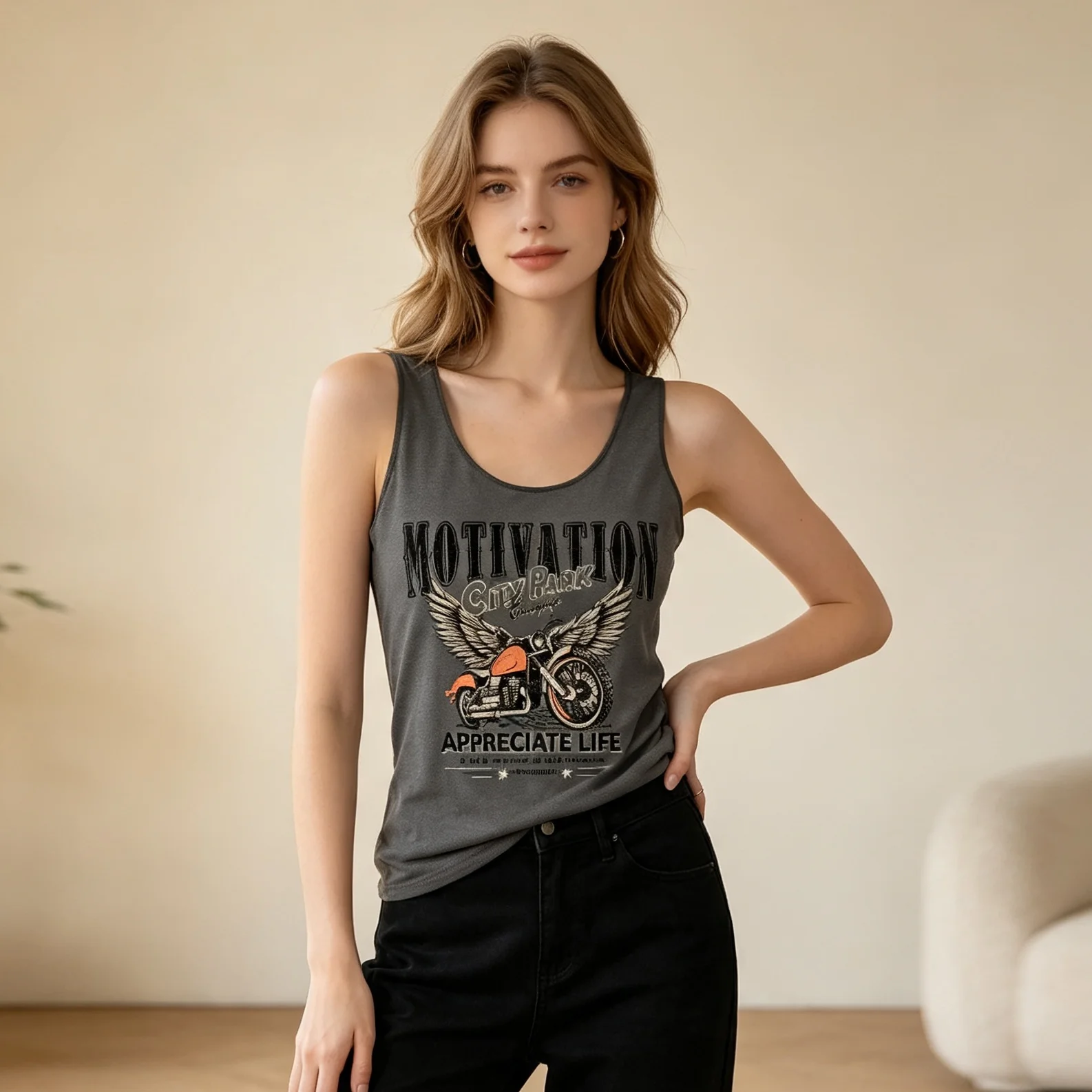 Ladies' Vintage Wing Motorcycle Letter Print Sleeveless I-Back Vest Casual Top for Women