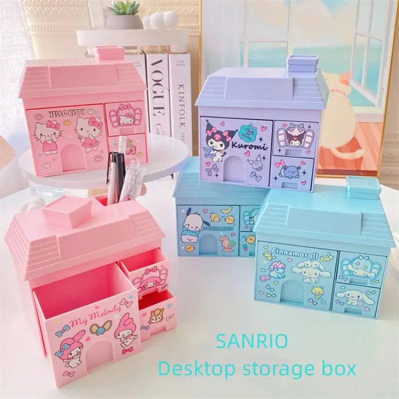 Sanrio Desktop Storage Box House Shaped Kt Kuromi Melody Cute Girl Heart Student Multi Functional Pen Holder Jewelry Plastic Box