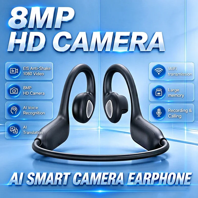 Fones de Ouvido Bluetooth com Câmera Inteligente AI e Tradução, Câmera HD de 8MP, Fones de Ouvido com Condução Aérea e Redução de Ruído para Ciclismo ao Ar Livre
