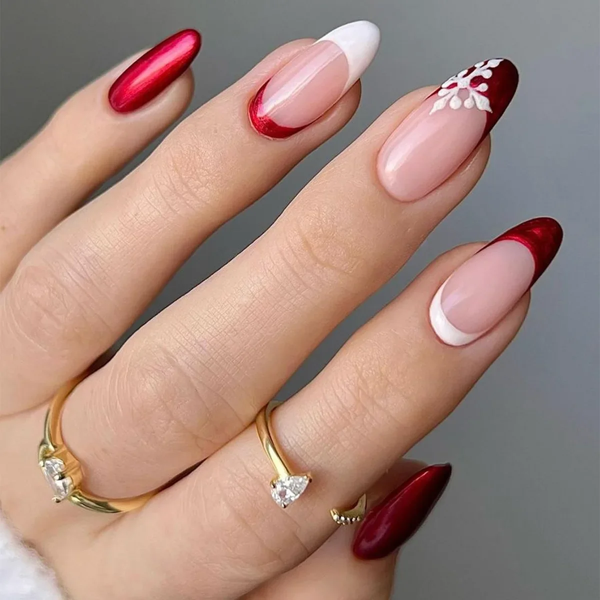 

24pcs French Christmas Fake Nails Almond Manicure with Red Trim False Nail Snowflakes Full-Coverage Nail Tips for Women&Girl