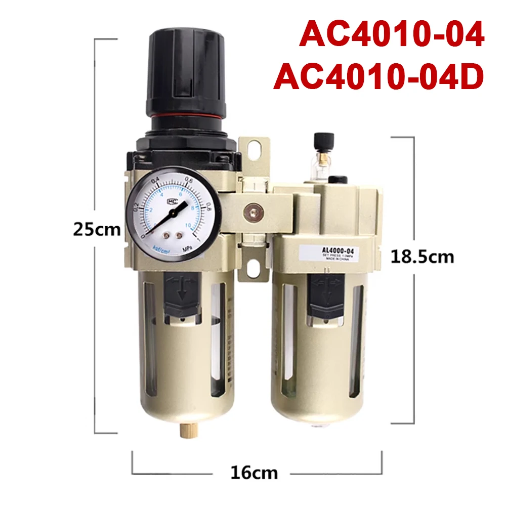

1pc AC4010-04 AC4010-04D Aluminum Alloy Compressed Air Pressure Regulator Moisture Trap Water Filter 1/2" with Pressure Gauge