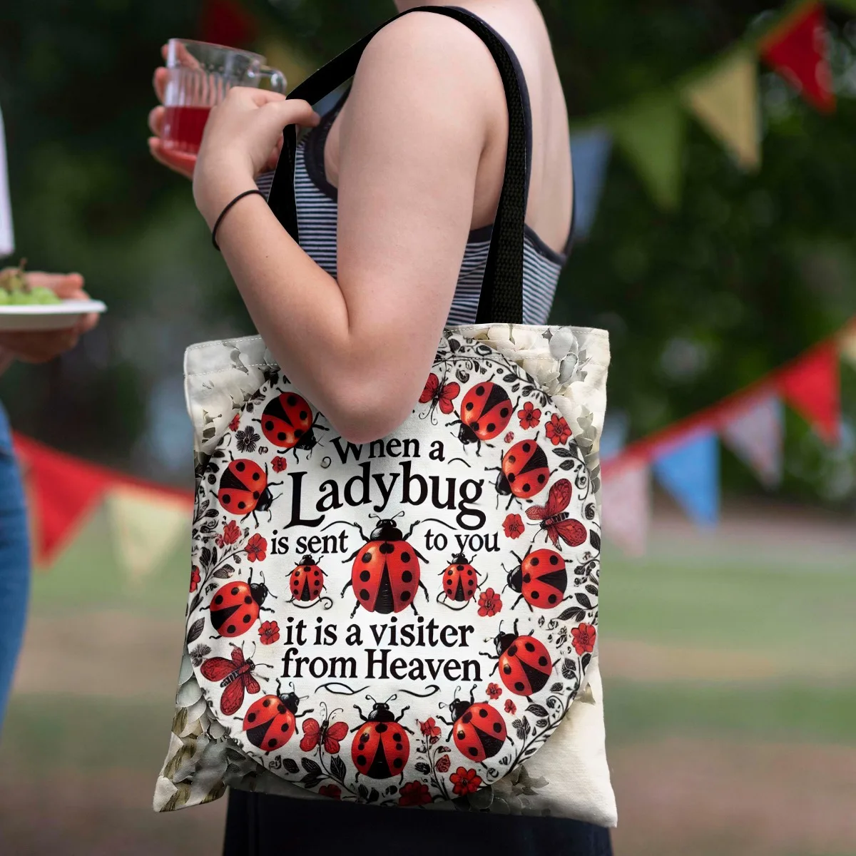 Sac fourre-tout papillon et coccinelle, grande capacité, sac à main léger en toile avec motif papillon et coccinelle, sac de plage durable