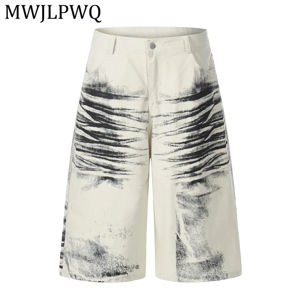 

MWJLPWQ Punk Splatter-Dye Distressed Denim Shorts For Men Summer High-Street Trendy Niche Loose Mid-Length Wide-Leg Pants 14596