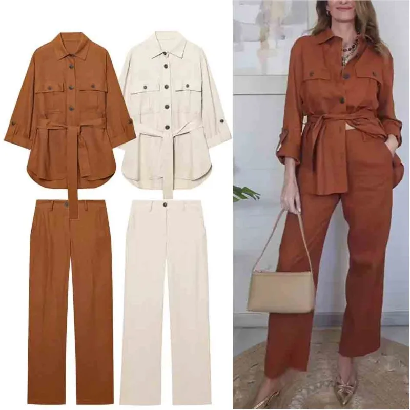 

Casual Linen Shirt For Women 2025 New Summer Fashion Elegant With Belt Button Up Long Sleeved Blouse Office Lady Loose Shirts