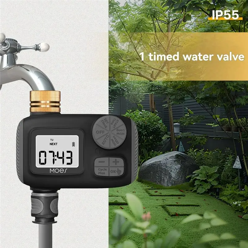 MOES Water Timed Irrigation Water Valve With LCD Display Screen IP55 Waterproof Rotary Knob Button Control US Interface