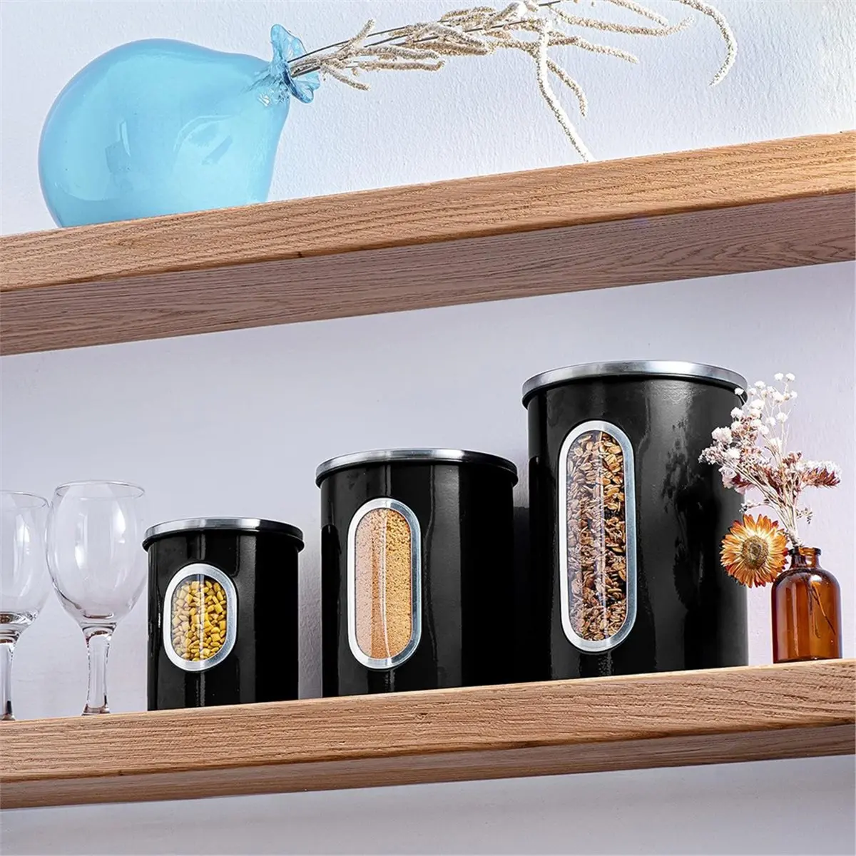 Canisters Set for Kitchen Counter Storage, 3-Piece Metal Food Saver Jars Set with Airtight Lids, Black, for Coffee Beans