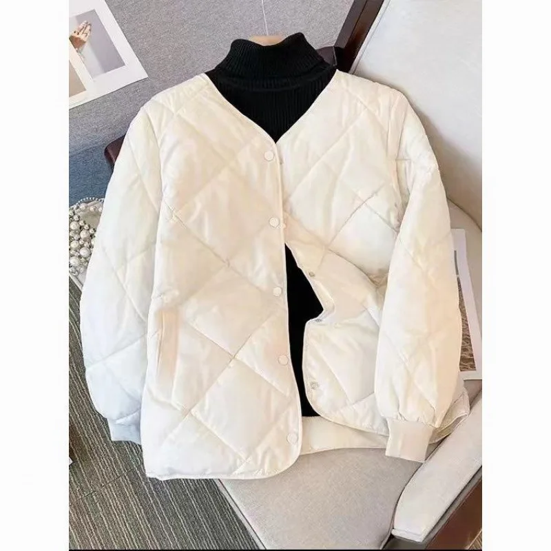 2024 Early Spring New Clothing Women's Short Diamond Grid Ins Collarless Small Fragrant Style Lightweight Winter Cotton Jacket