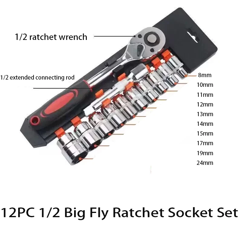 12 Stuks 1/2 Inch Dopsleutel Set Metrische Impact Sockets Ratelsleutel Complete Tool Kit Professionele Garage Reparatie Tool