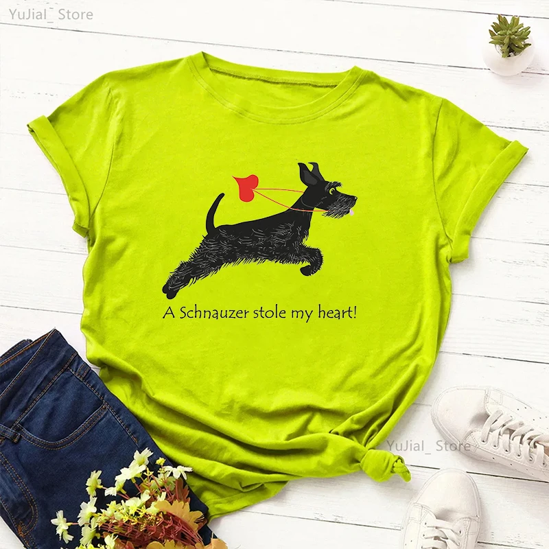 A Schnauzer Stole My Heart Funny Graphic T Shirts Women Summer White Short Sleeve Casual T-Shirt Ladys Girls Top Dog Lover Gift