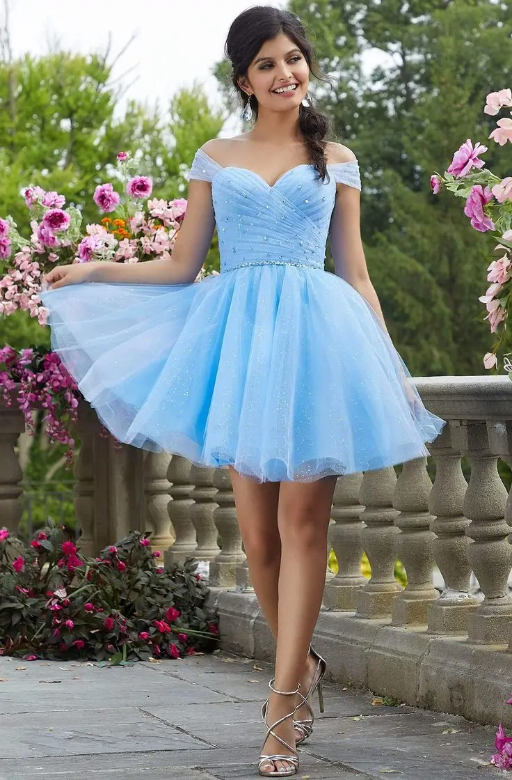 

Blue Prom Dresses Short Mini A Line Off Shoulder Sweetheart Rhinestone Beaded Pleats Formal Party Evening Gowns Graduation Dress