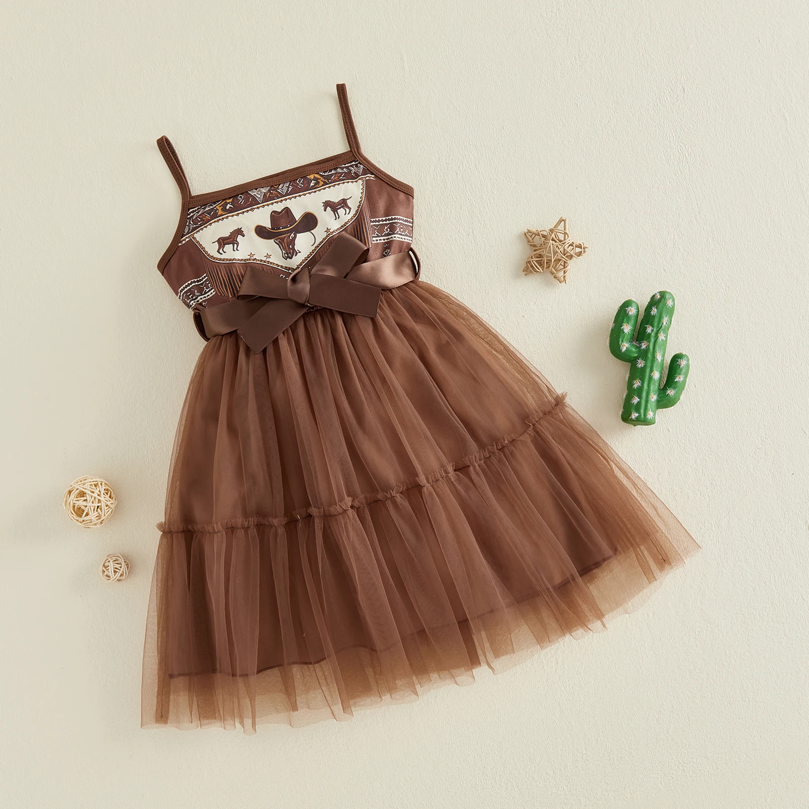 1-10Y Toddler Girls Dress Western Print Sleeveless Spaghetti Strap Dress Cowgirl Dress Western Horse Tulle Rodeo Party Dress