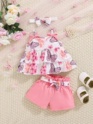 3-piece baby baby girl butterfly print halter top with bow embellish shorts headscarf set