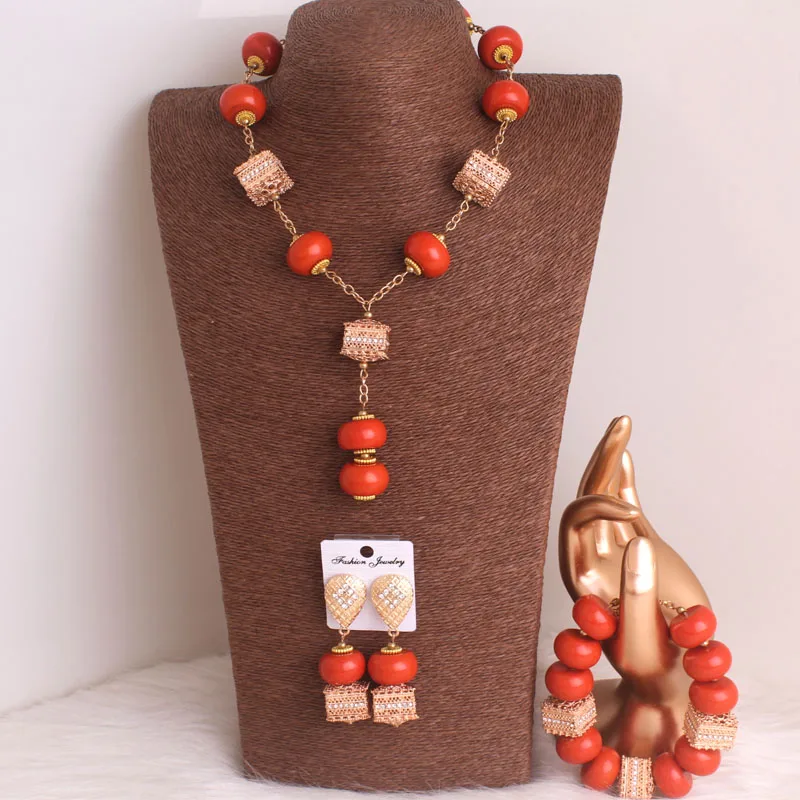 4ujewelry Imitation coral Nigerian Traditional Beads Necklace Set For African Bridal 2023