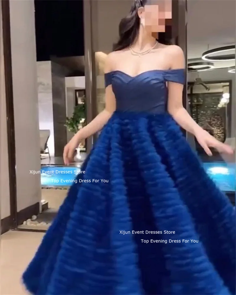 Xijun Navy Blue Tulle Evening Dresses Saudi Arabric Off The Shoulder Prom Dresses Gogerous Ruffles Tiered Prom Gowns Party Gown