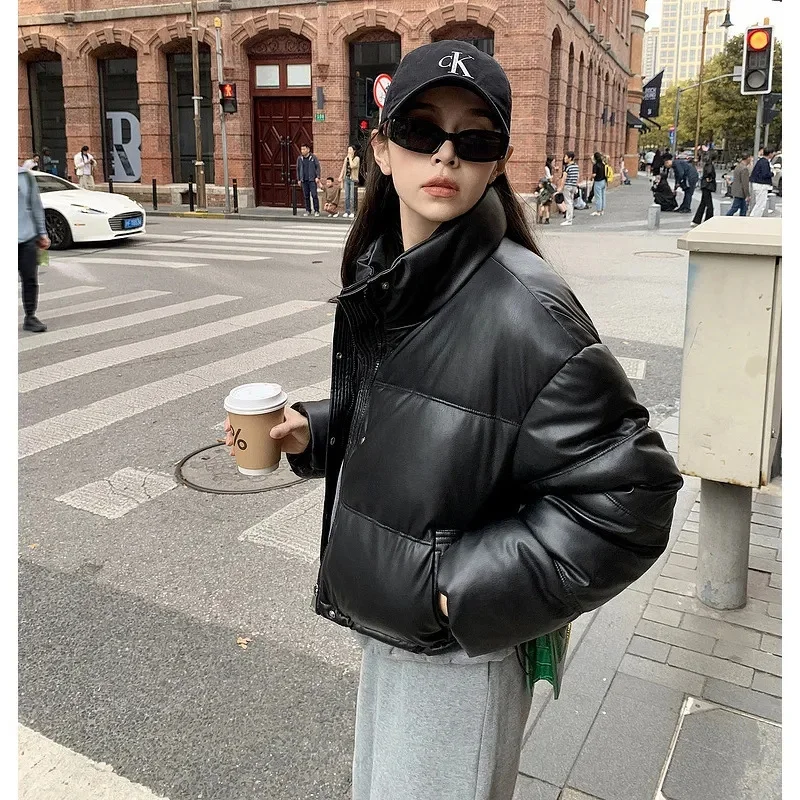 2024 New Winter Warm Thick PU Leather Coats Women Short Parkas Fashion Black Cotton Padded Lady Down Jacket Elegant Zipper Cloth