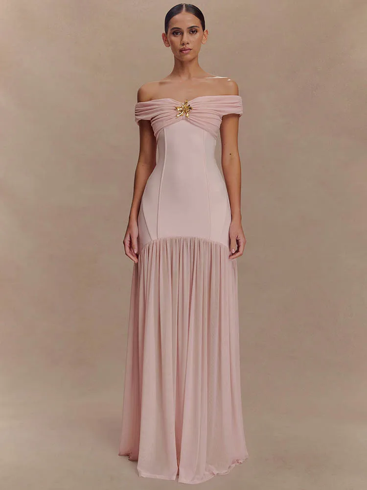 Mozision Off-shoulder Backless seksowna sukienka Maxi kobiety metalowy kwiat różowy Patchwork bez rękawów Ruched plisowana klubowa sukienka na imprezę 2025