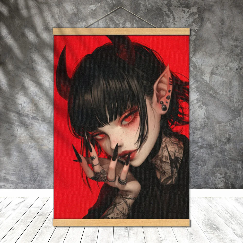 Anime Girl Red Eyes Demon Horn  Posters Painting Decor Scroll Digital Canvas Unframed Decorative Tapestry