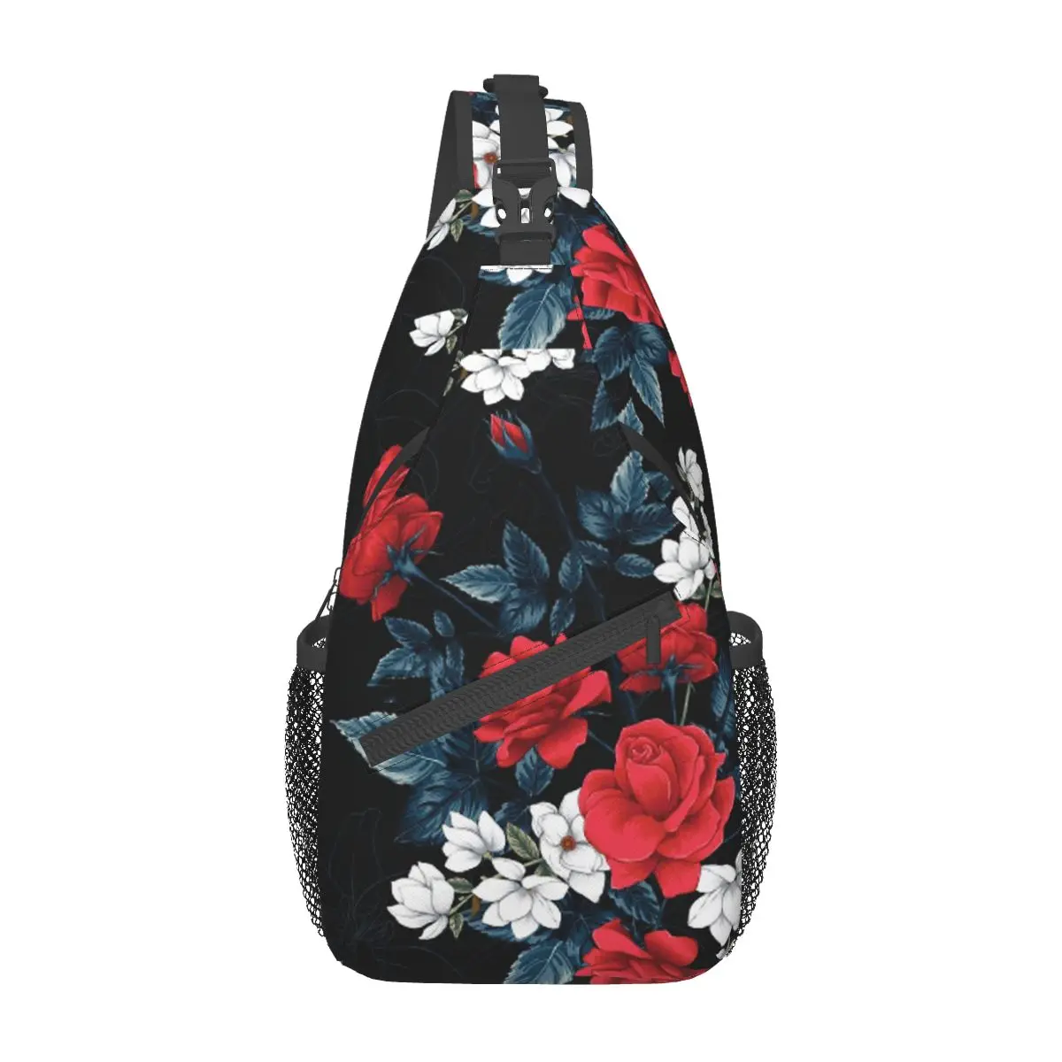 Mochila pequeña con estampado de flores y rosas rojas, bolso de hombro cruzado en el pecho, mochila de viaje para senderismo, bolsas de día con estampado Floral de corazón