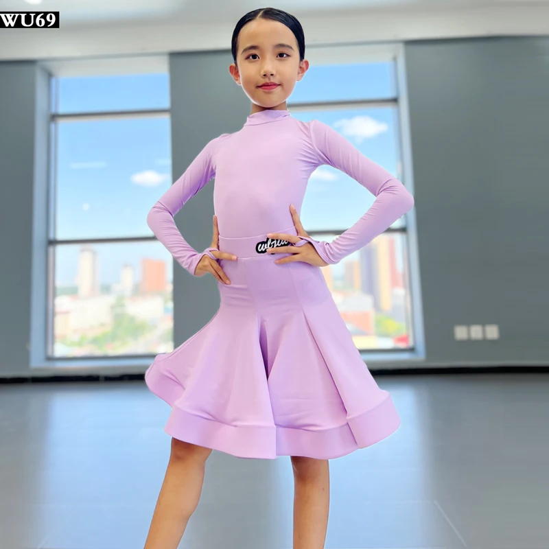 الفتيات اللاتينية الرقص المنافسة الملابس لامعة النسيج طويلة الأكمام فستان رقص الاطفال تشا رومبا الرقص ممارسة ملابس التدريب البدلة #5