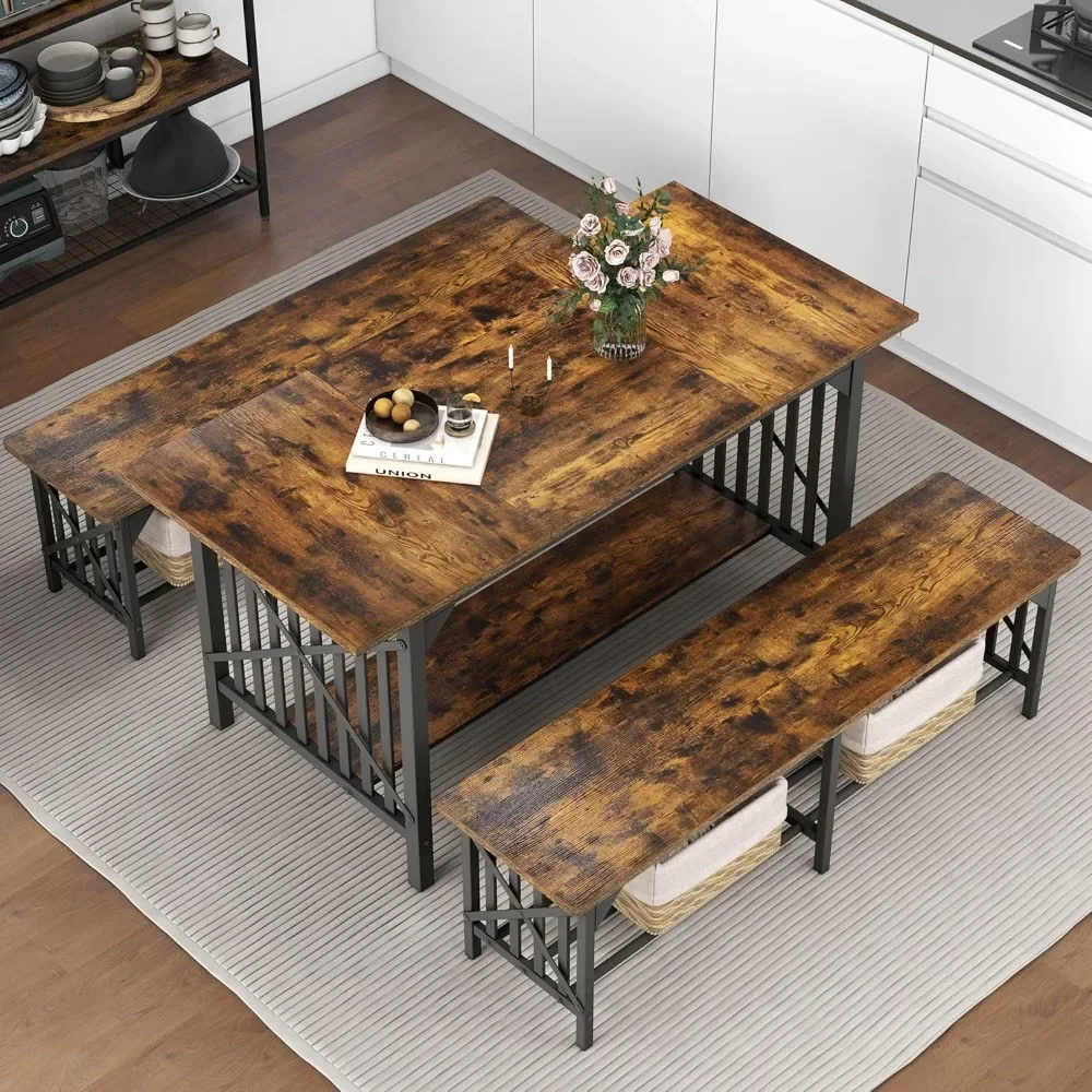 Conjunto de mesa de jantar de 3 peças, mesa de sala de jantar de 63" com 2 bancos, conjunto de mesa de sala de jantar retangular industrial com armazenamento