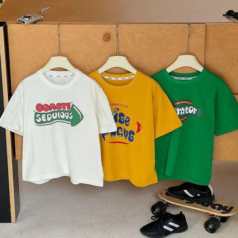 

2026 Summer New Children T Shirts Fashion Letter Print Boys Girls Cotton Loose Tee Baby Short Sleeve Casual T Shirts Kids Tops