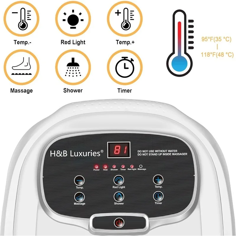 Foot Spa Massager with Heat for Stress Relief, Feet Bath with Motorized Rollers and Shower, Temperature Control, Timer and LED