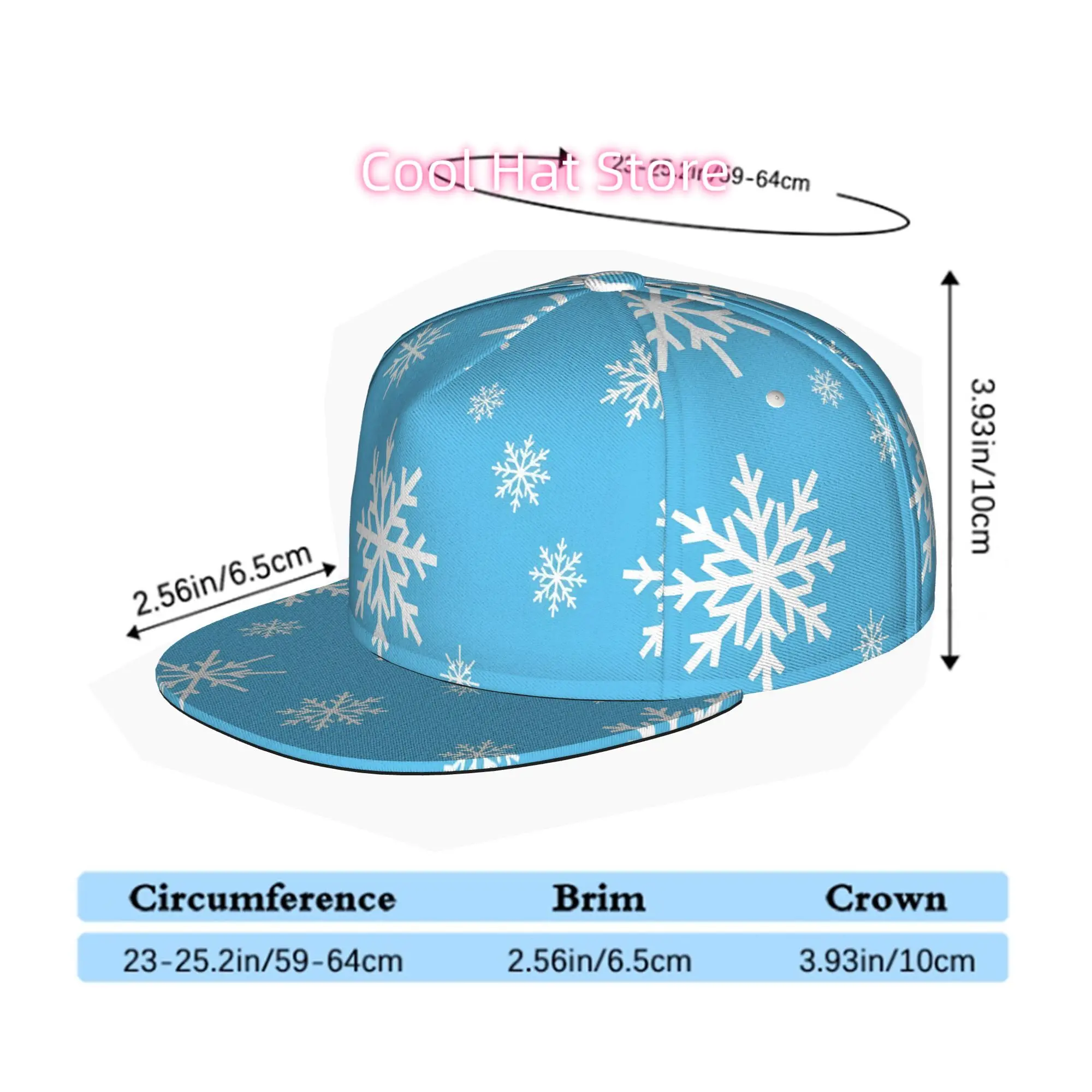 Snowflake Pattern on Blue Background, Men Women Unisex Flat Brim Baseball Cap, Hip Hop Streetwear Snapback Trucker Hat for Skate