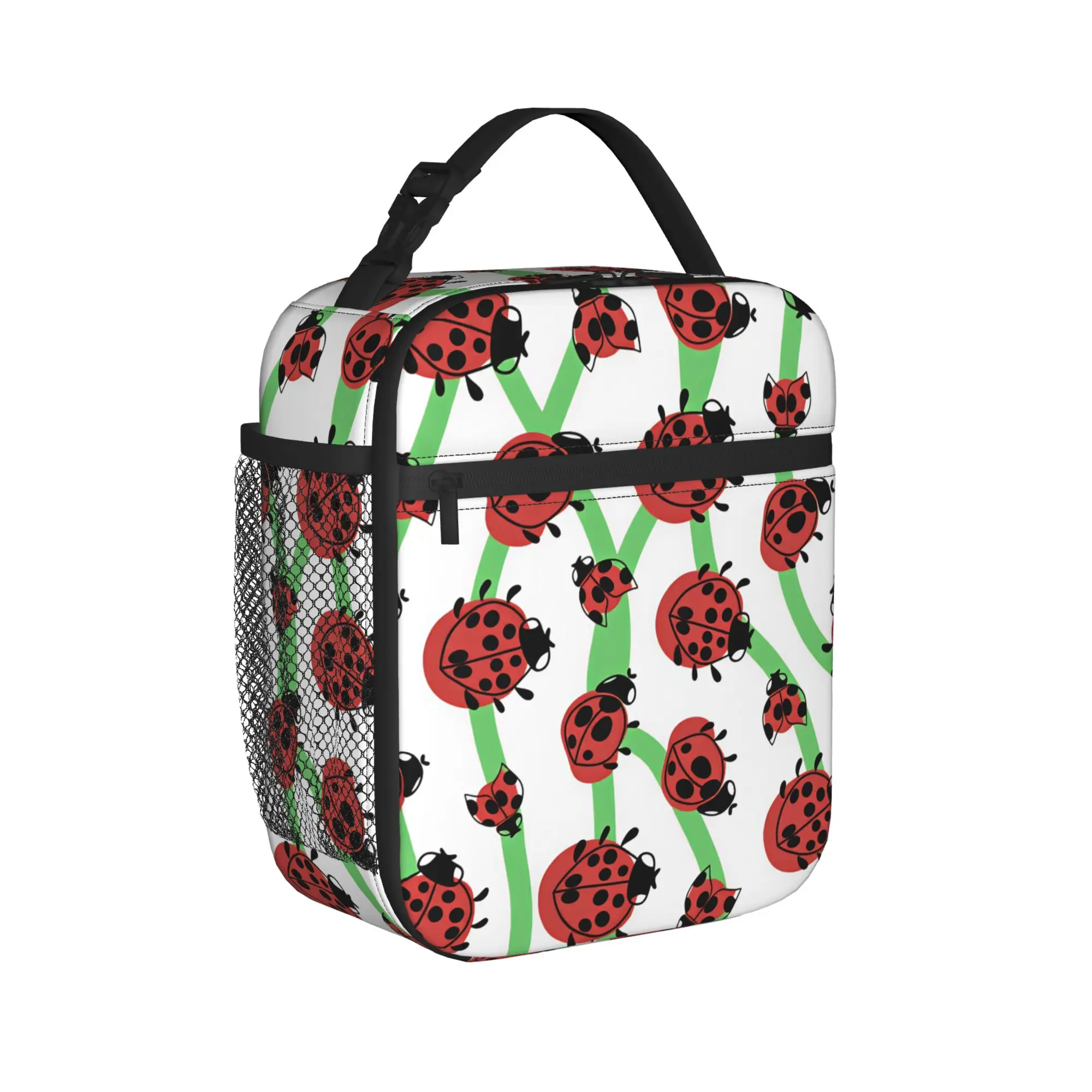 Ladybug Green Vine Lunch Bag School Portable Lunch Box For Unisex  Oxford Print Cooler Bag