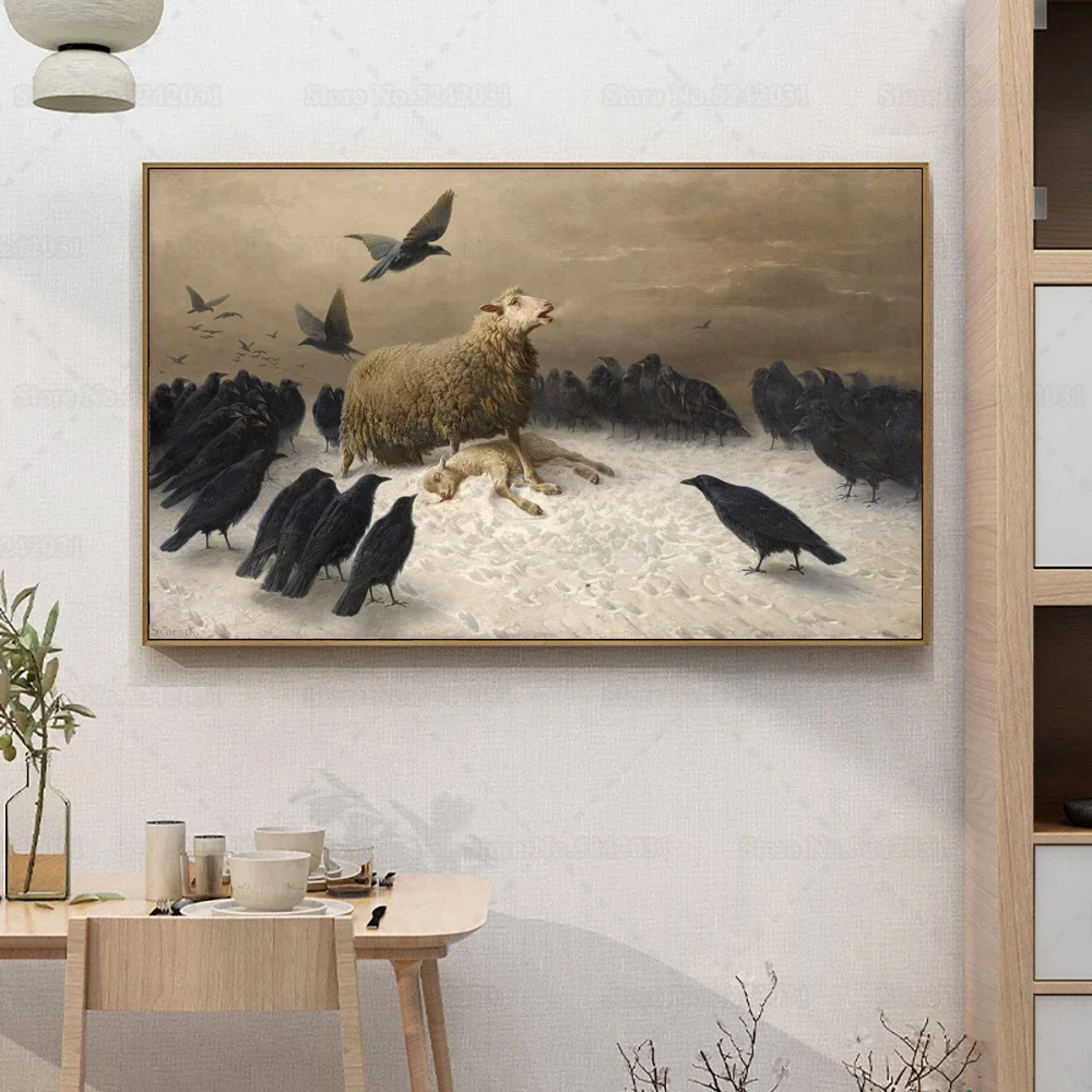 Anguish Poster By August Friedrich Albrecht Schenck Canvas Painting Mother Sheep Lamb Crows Print Wall Art Decor