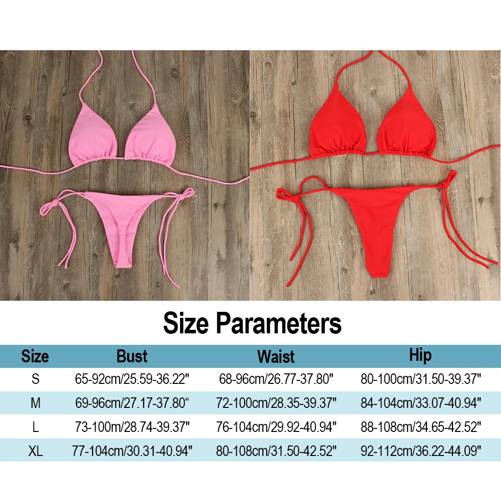 Effen Kleur Hangende Hals Stijl Veters Bikini Vrouwen Sexy Split Binding Driehoek Strandzwempak Geen Stalen Beugel Geen Borstkussen