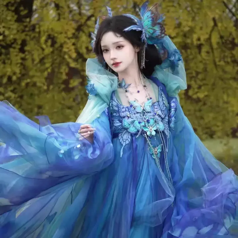 Cy[Blue Flash Butterfly]Zisong Hanfu Women's Super Immortal Heavy Industry Embroidery Big Sleeve Improved Strap Skirt National
