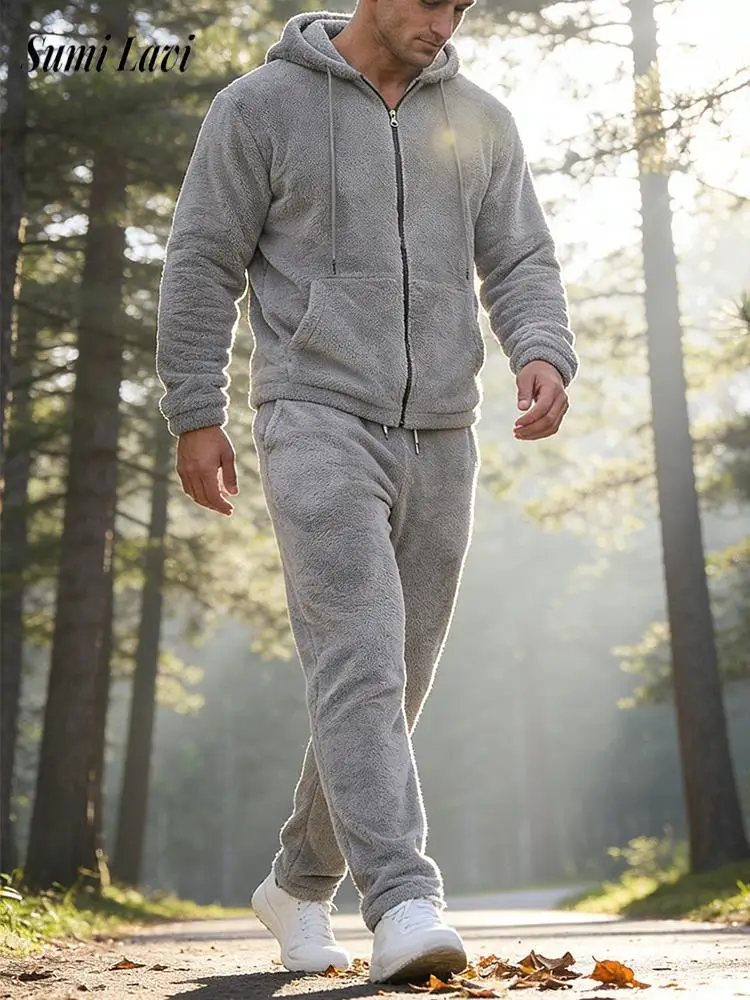 

Fashion Solid Color Fleece Tracksuits For Mens Autumn Winter Leisure Furry Cozy Hoodie Tops And Pants Outfits Men Two Piece Sets