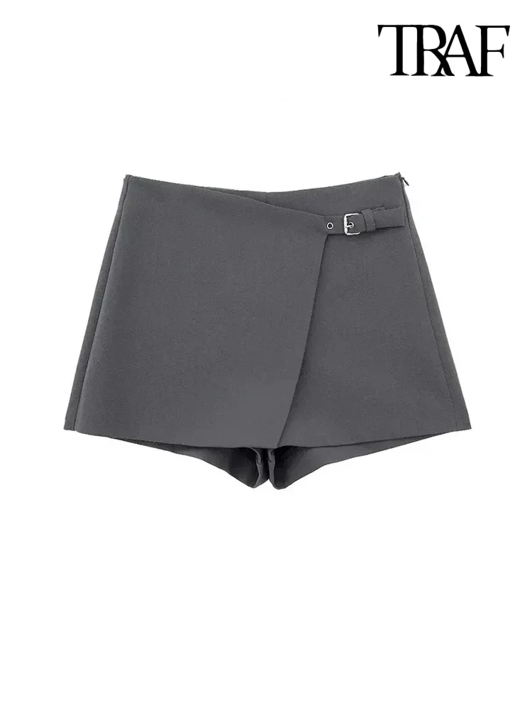 TRAF-Asymmetric Shorts Skirts with Tab for Women, High Waist, Side Zipper, Female Skort, Fashion