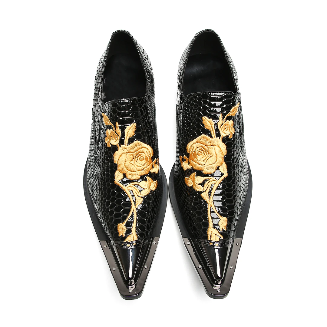 Schwarze Herren-Kleiderschuhe aus Leder mit goldener Blumenstickerei | Schlange – Hautstruktur und spitzes Zehen-Design – Detail 9